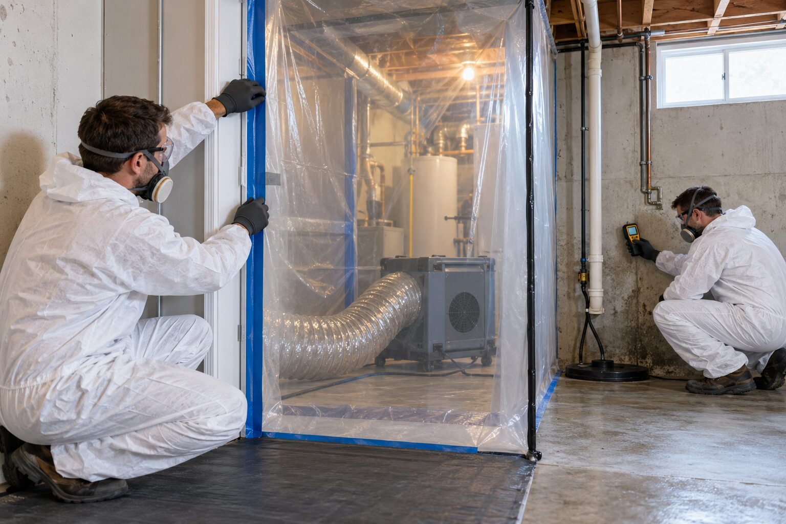Mold-remediation technicians setting containment and HEPA filtration in a Kansas City Northland home.
